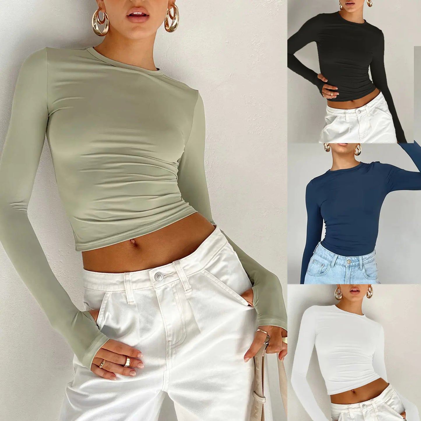 Women's Slim Fit Solid Color Round Neck Long Sleeve Tops