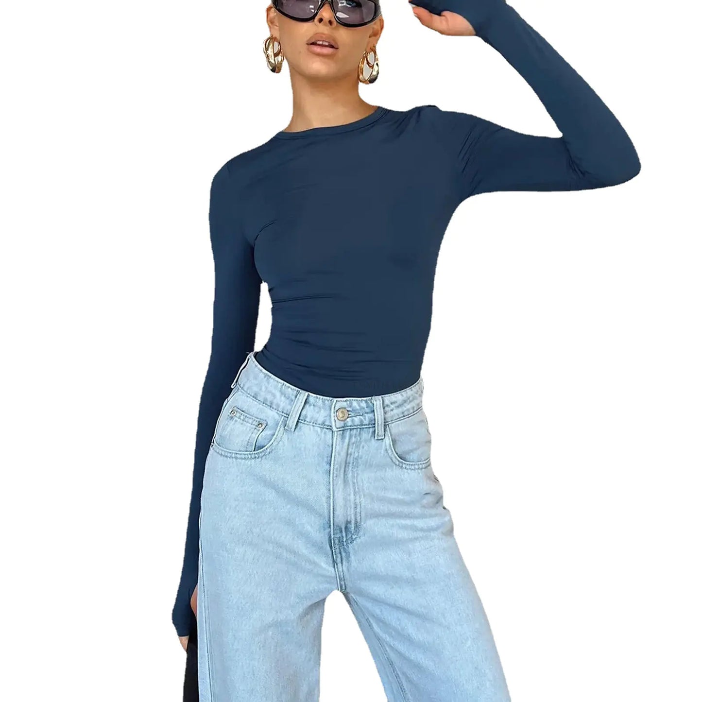 Women's Slim Fit Solid Color Round Neck Long Sleeve Tops