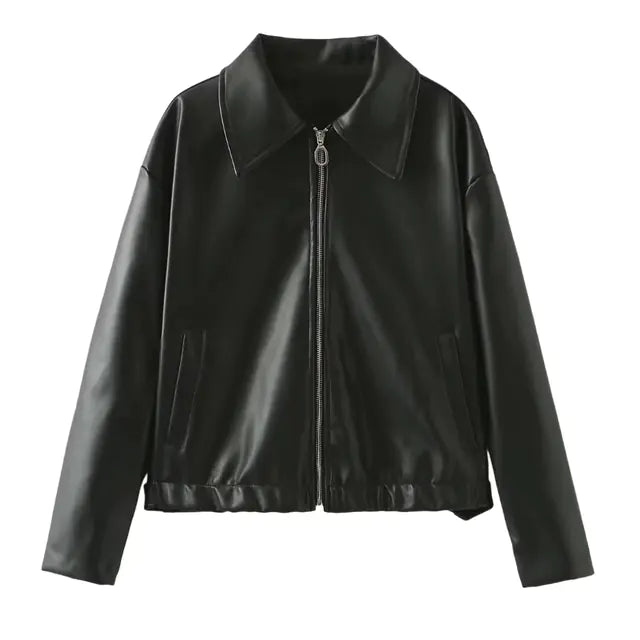 Women's Black Leather Traf Jacket - Casual Streetwear