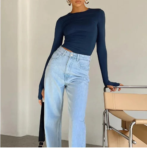 Women's Slim Fit Solid Color Round Neck Long Sleeve Tops