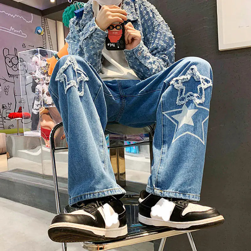 Retro Men's Loose Straight Jeans with Streetwear Print
