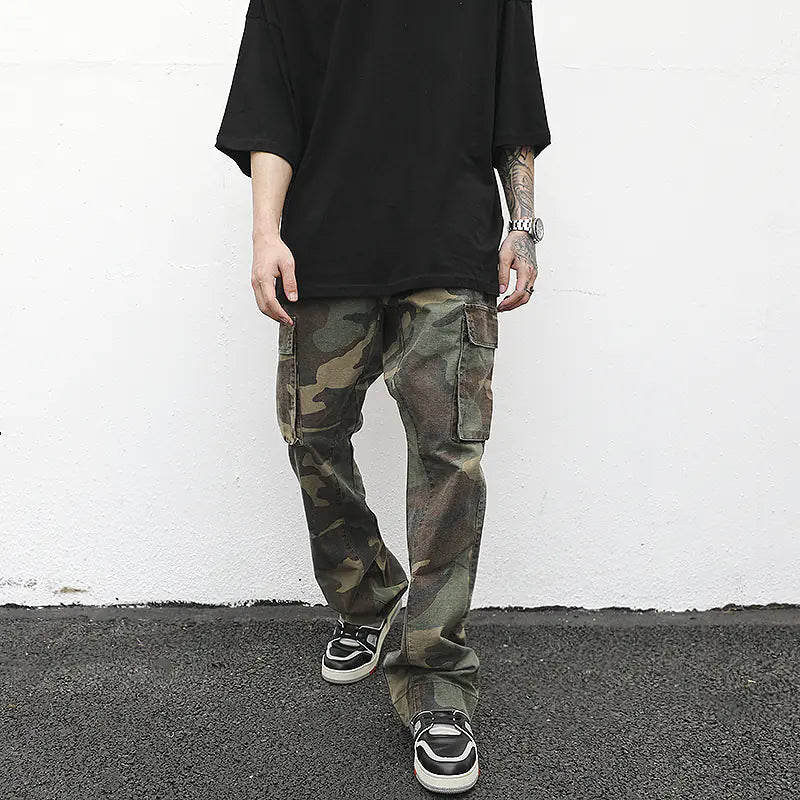Men's Slim Fit Cargo Flare Pants in Camo & Black