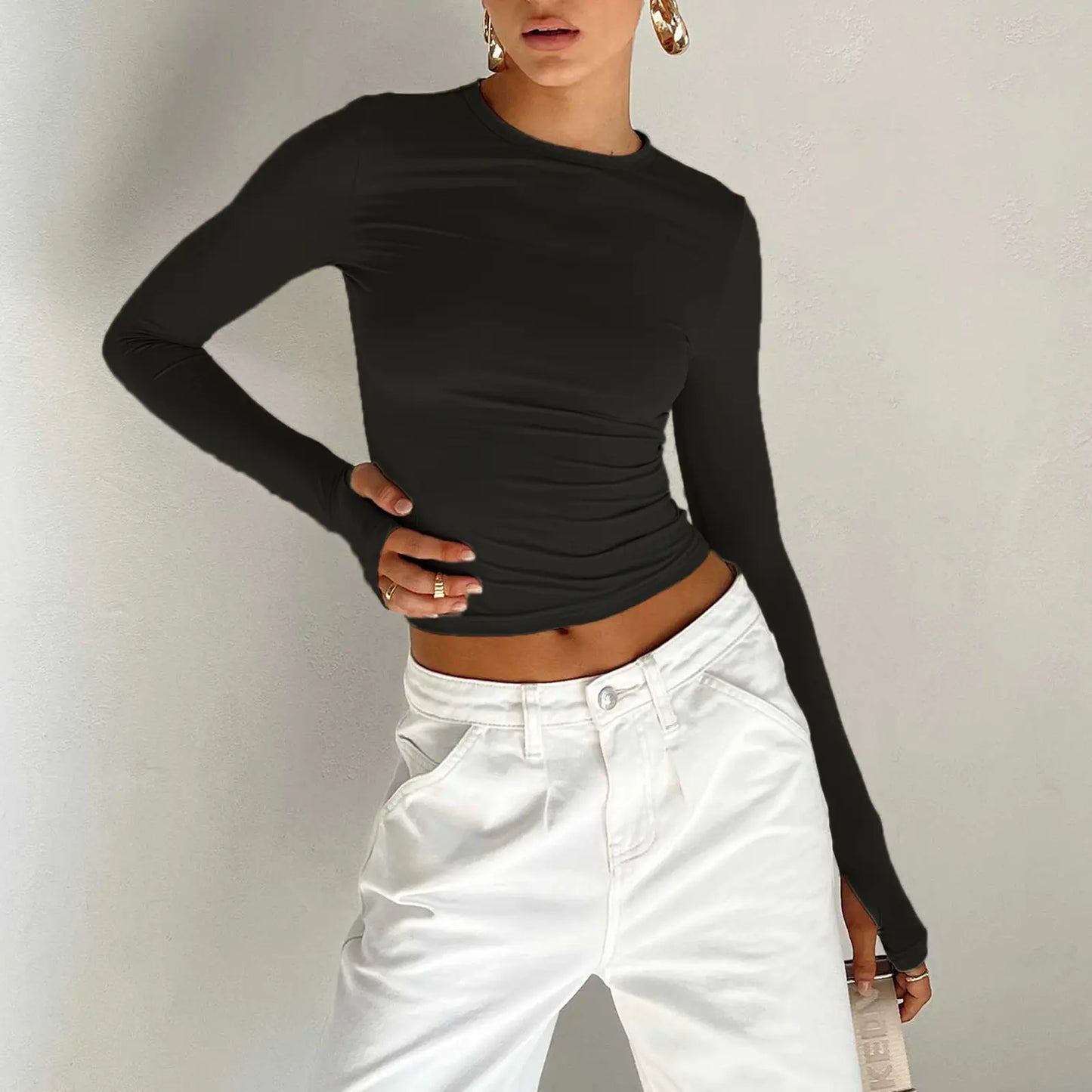 Women's Slim Fit Solid Color Round Neck Long Sleeve Tops