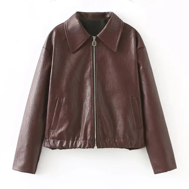 Women's Black Leather Traf Jacket - Casual Streetwear