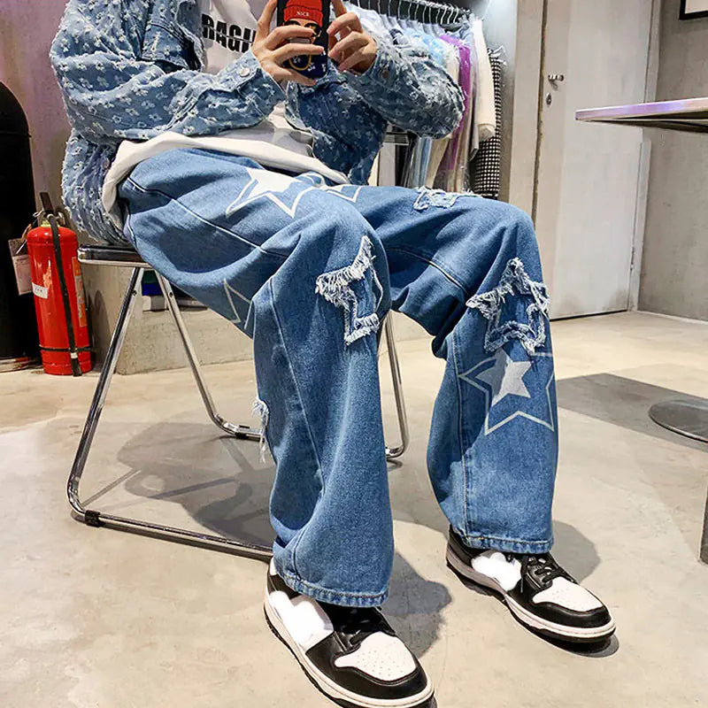 Retro Men's Loose Straight Jeans with Streetwear Print