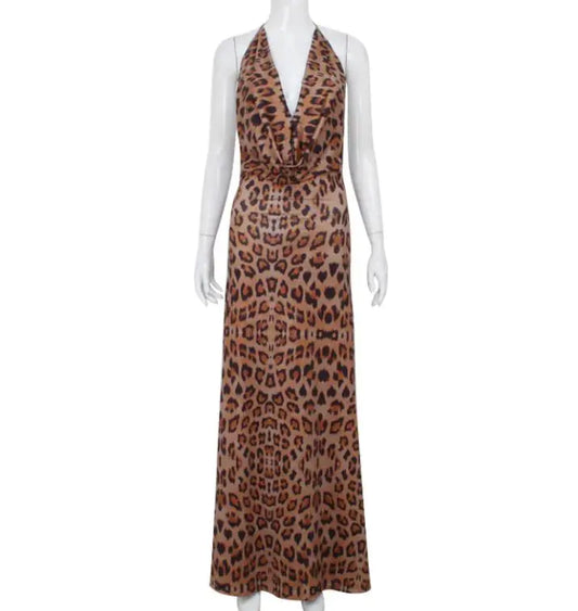 Women's Clothing V-neck Halter Bare Back Sexy Leopard Print Dress Slim Temperament