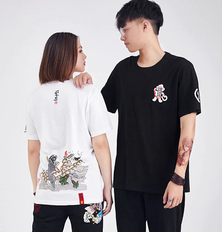 Chinese Style Koi Print Short Sleeve T-Shirt for Men