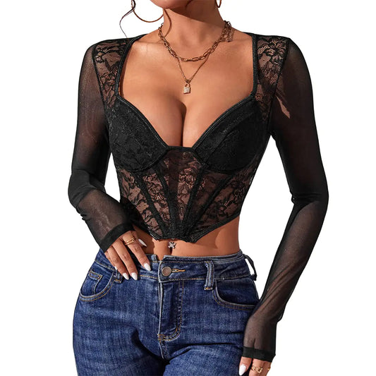 Lace Corset Tops for Women V Neck Long Sleeve Corsets Crop Tops Club Party Bustier