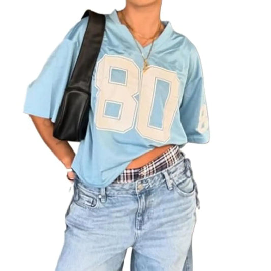 Hesaco Womens Graphic Tees - Oversized Jersey Summer Top Jersey Top Coquette Clothes Y2k Streetwear Short Sleeve Shirts (BlueMMedium)