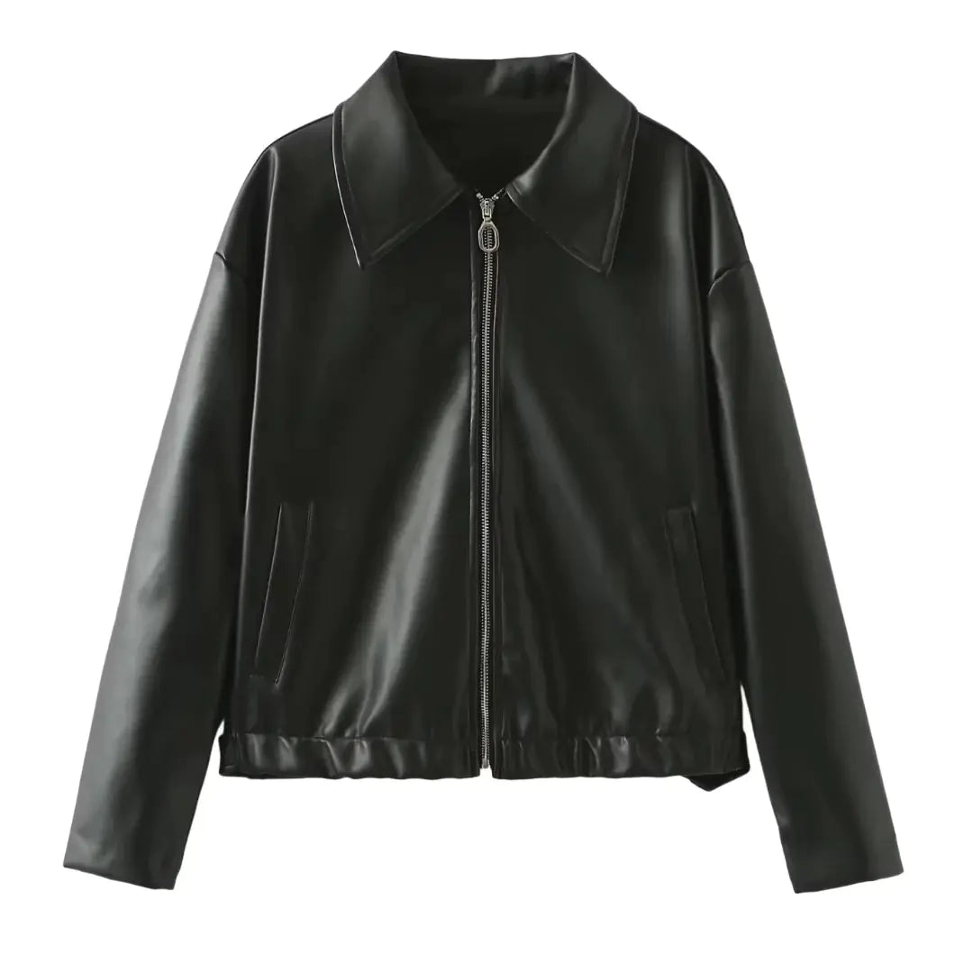 Women's Black Leather Traf Jacket - Casual Streetwear
