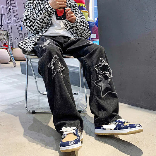 Retro Men's Loose Straight Jeans with Streetwear Print
