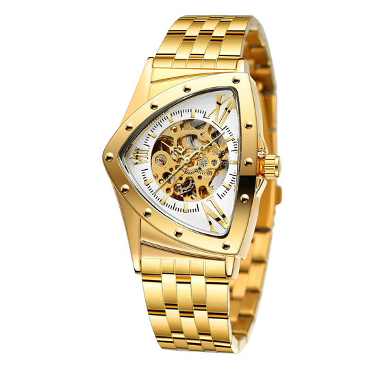 FORSINING Mens Watch 30M Waterproof Skeleton Hollow Automatic Retro Triangle Wrist Watch (Gold White)
