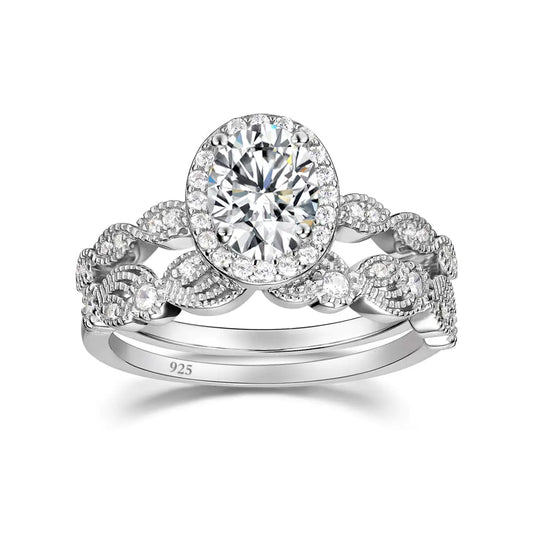 EAMTI 1.5CT 925 Sterling Silver Bridal Rings Sets Oval Cubic Zirconia Halo CZ Rings Bands for Women Promise Rings for her Size 8.5