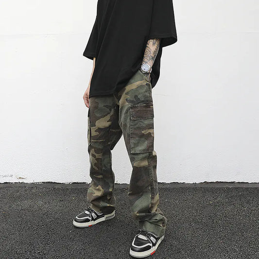 Men's Slim Fit Cargo Flare Pants in Camo & Black
