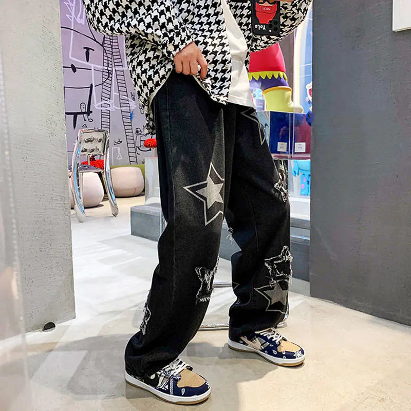 Retro Men's Loose Straight Jeans with Streetwear Print