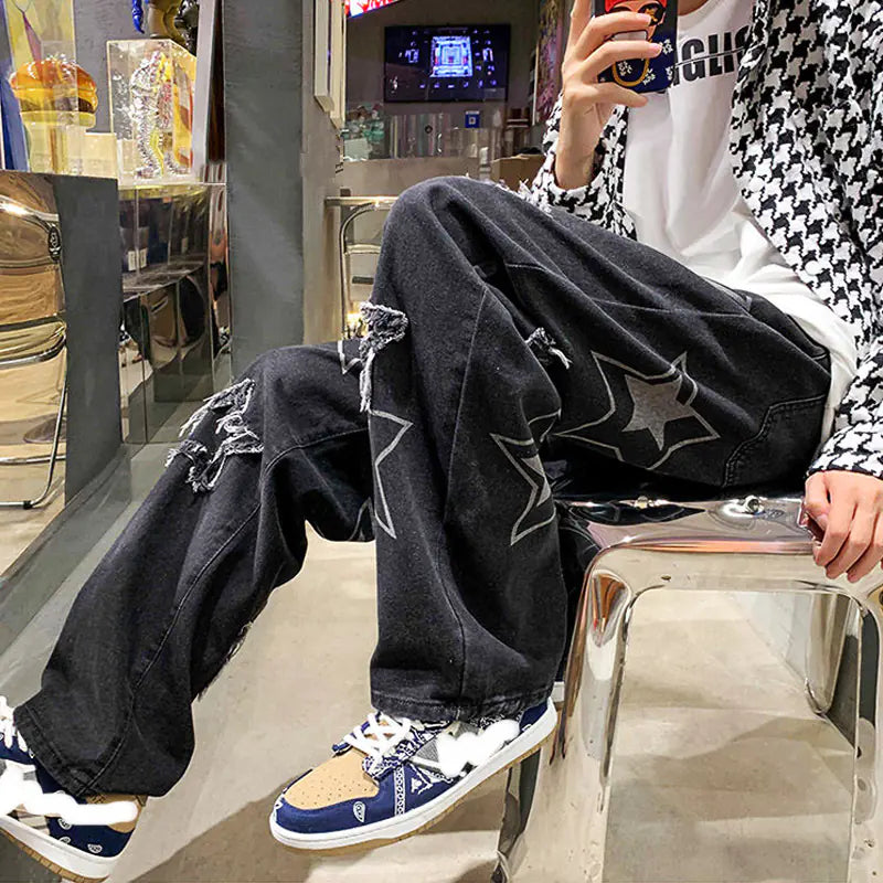 Retro Men's Loose Straight Jeans with Streetwear Print