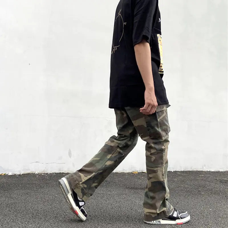 Men's Slim Fit Cargo Flare Pants in Camo & Black