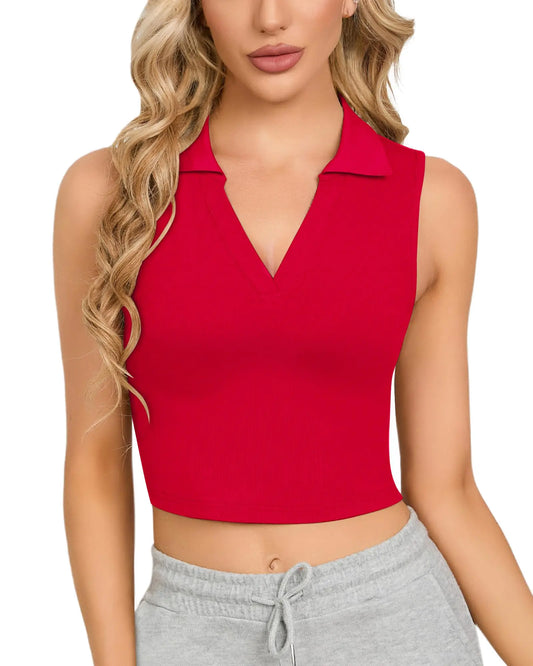 CLOZOZ Womens Tank Tops Polo Crop Top V Neck Ribbed Sleeveless Tops Collar Shirts Womens Crop Tops Polo Cropped Tank Trendy Red
